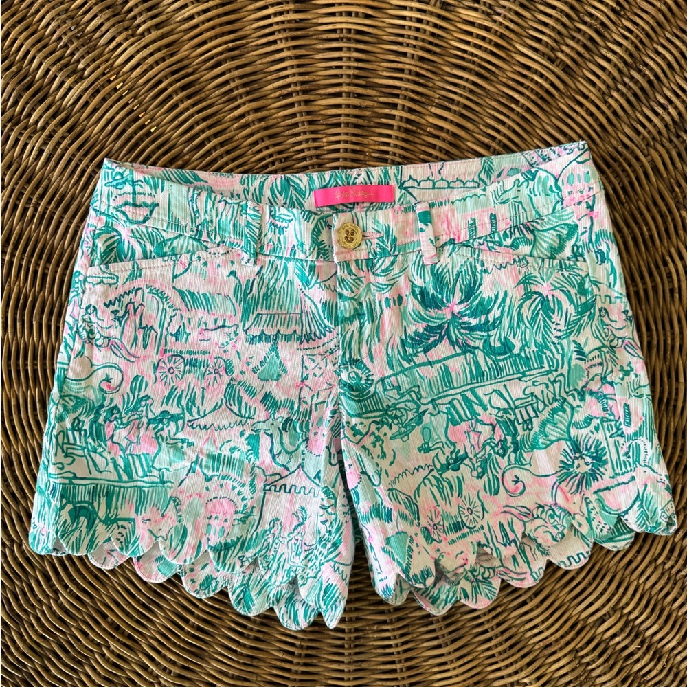 Womens Lilly Pulitzer Buttercup Shorts 5" Scalloped Green Pink Tropical sz 0